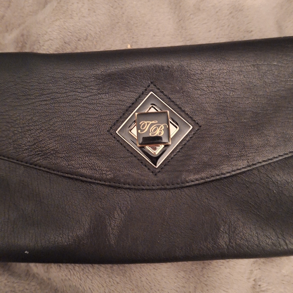 Ted Baker Black Leather Cross Body / Clutch with removable Strap. Logo Accent